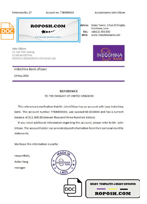Laos Indochina Bank bank reference letter template in Word and PDF format