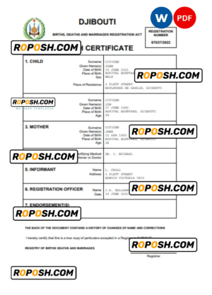 Djibouti birth certificate Word and PDF template, completely editable
