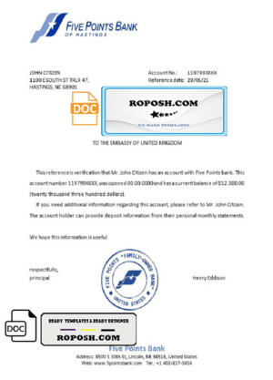USA Five Points Bank bank account reference letter template in Word and PDF format