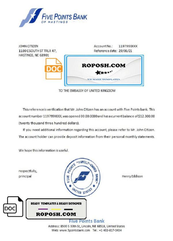 USA Five Points Bank bank account reference letter template in Word and PDF format