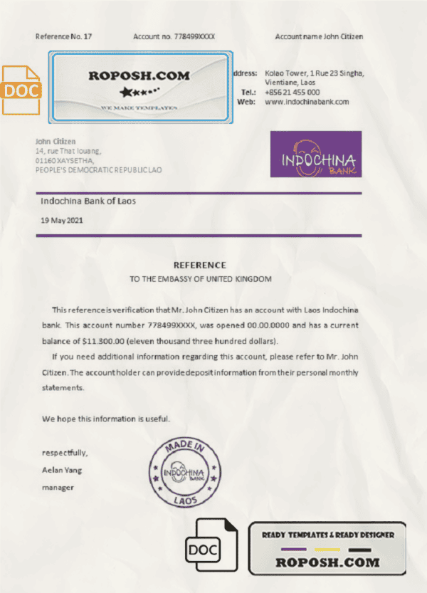 Laos Indochina Bank bank reference letter template in Word and PDF format