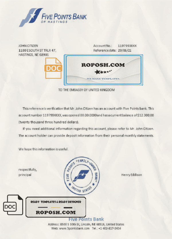 USA Five Points Bank bank account reference letter template in Word and PDF format