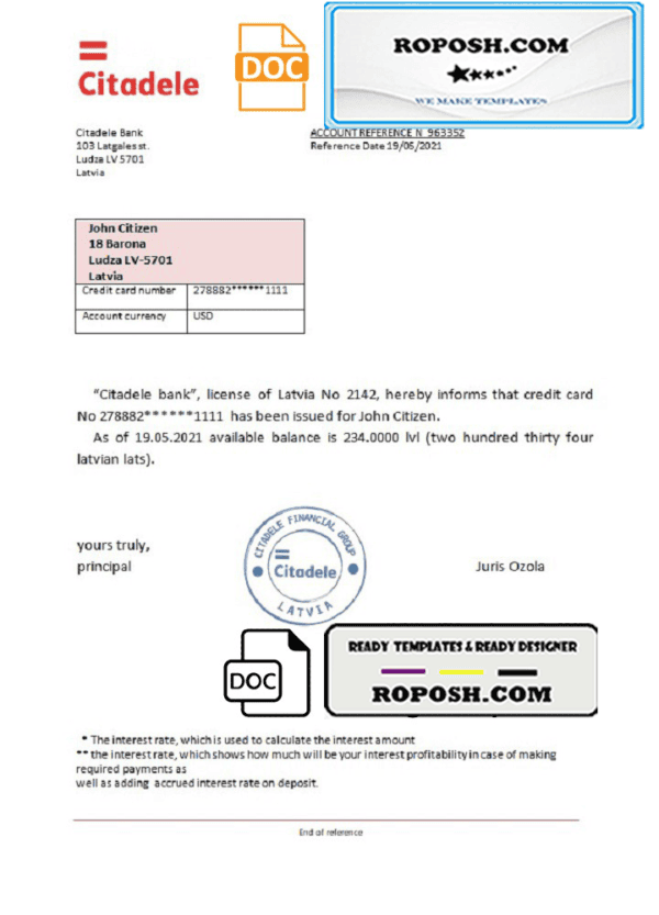 Latvia Citadele bank reference letter template in Word and PDF format