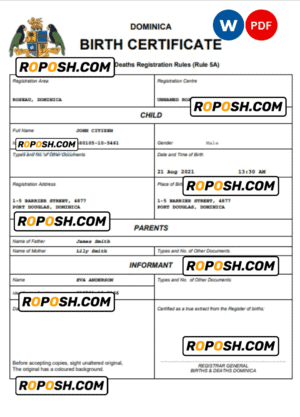 Dominica vital record birth certificate Word and PDF template, completely editable