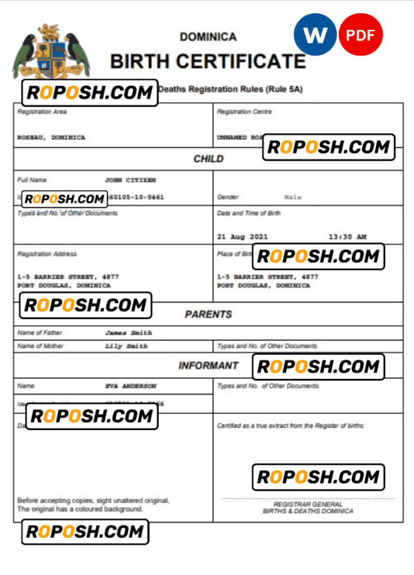 Dominica vital record birth certificate Word and PDF template, completely editable