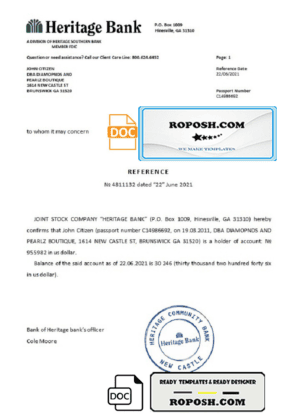 USA Heritage Bank bank account reference letter template in Word and PDF format