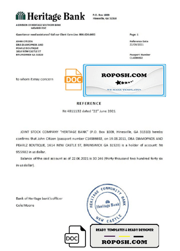 USA Heritage Bank bank account reference letter template in Word and PDF format