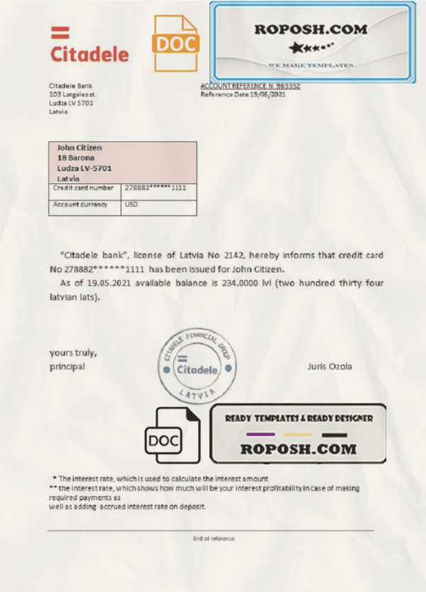 Latvia Citadele bank reference letter template in Word and PDF format