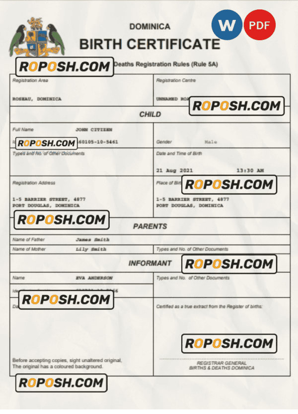 Dominica vital record birth certificate Word and PDF template, completely editable