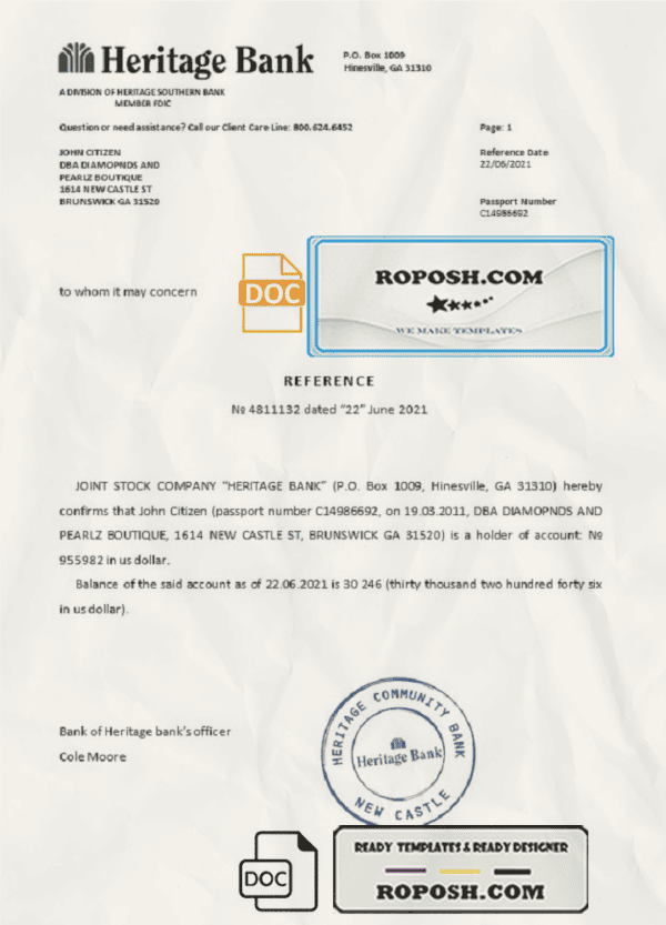 USA Heritage Bank bank account reference letter template in Word and PDF format