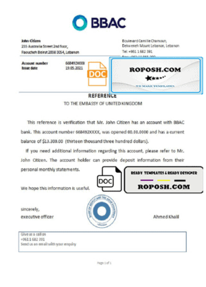 Lebanon Bank of Beirut and the Arab Countries bank account reference letter template in Word and PDF format