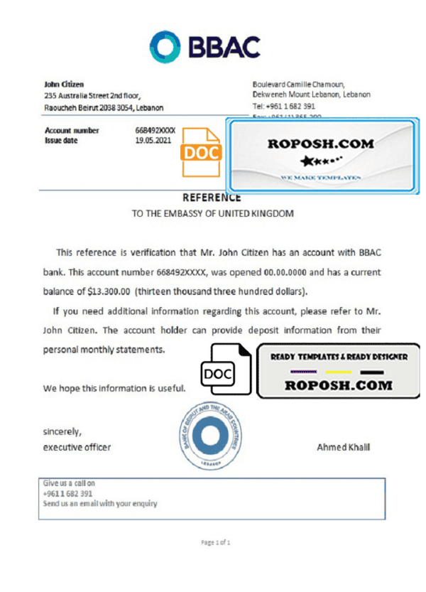 Lebanon Bank of Beirut and the Arab Countries bank account reference letter template in Word and PDF format