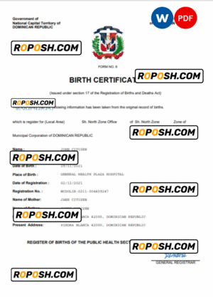 Dominican Republic birth certificate Word and PDF template, completely editable