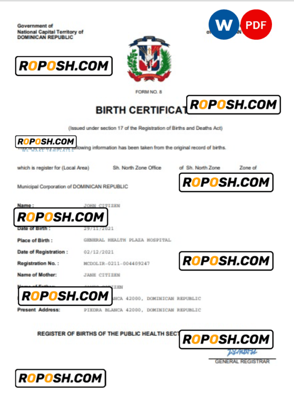Dominican Republic birth certificate Word and PDF template, completely editable