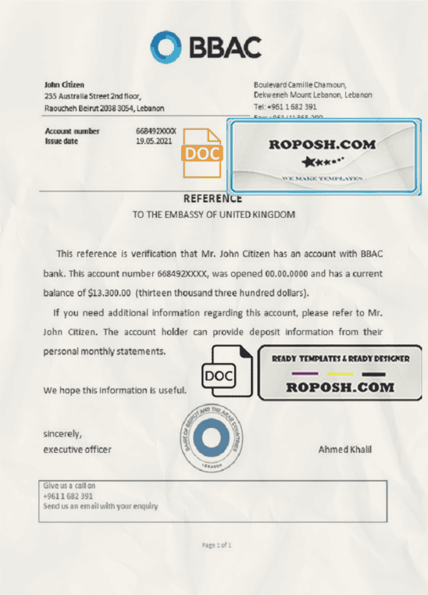 Lebanon Bank of Beirut and the Arab Countries bank account reference letter template in Word and PDF format