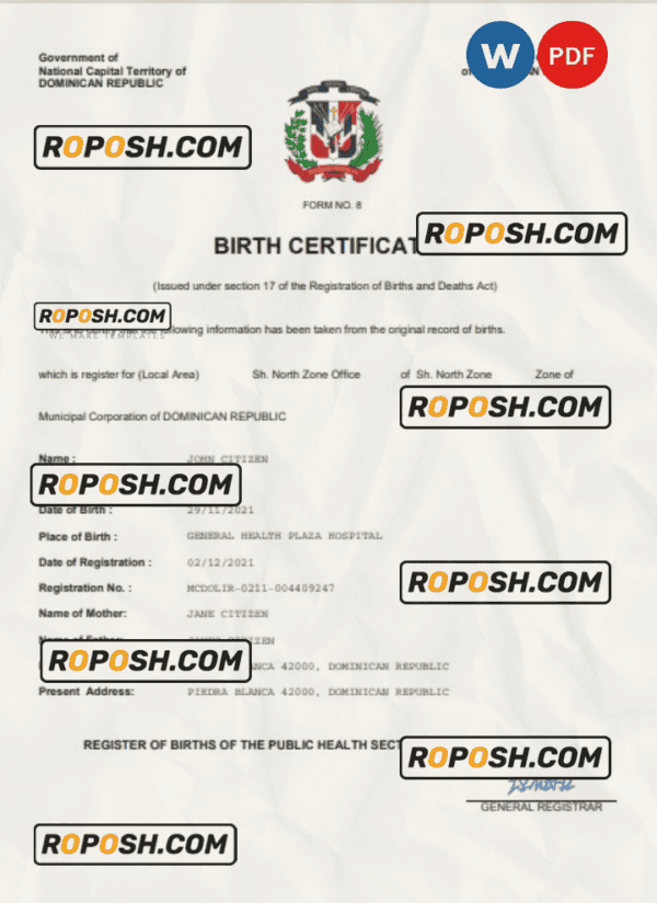 Dominican Republic birth certificate Word and PDF template, completely editable
