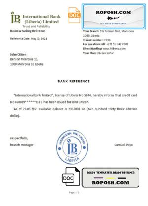 Liberia International Bank Limited bank reference letter template in Word and PDF format