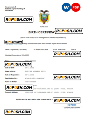 Ecuador vital record birth certificate Word and PDF template, completely editable