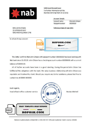 USA Nab bank account reference letter template in Word and PDF format