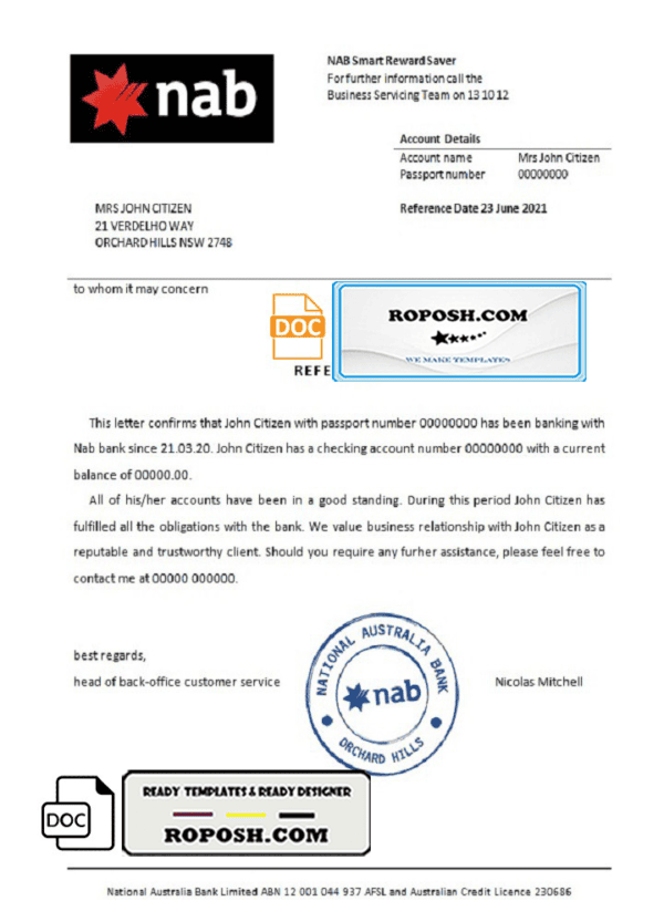 USA Nab bank account reference letter template in Word and PDF format