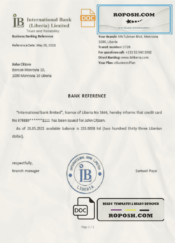 Liberia International Bank Limited bank reference letter template in Word and PDF format