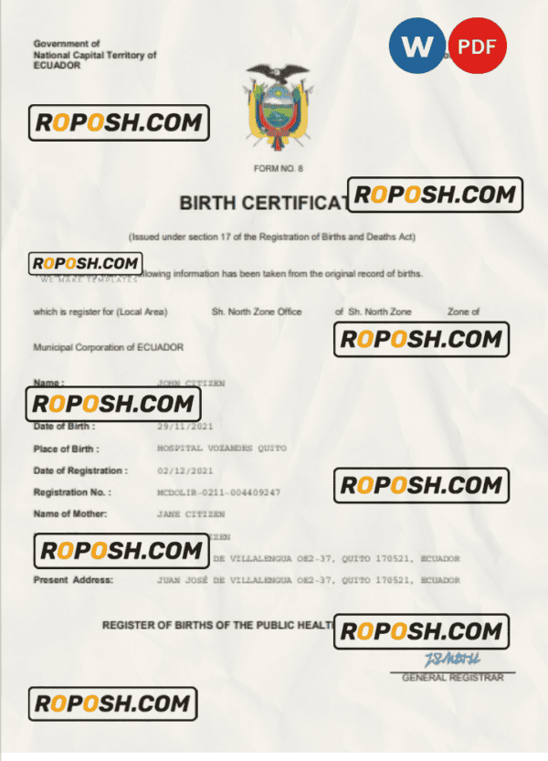 Ecuador vital record birth certificate Word and PDF template, completely editable