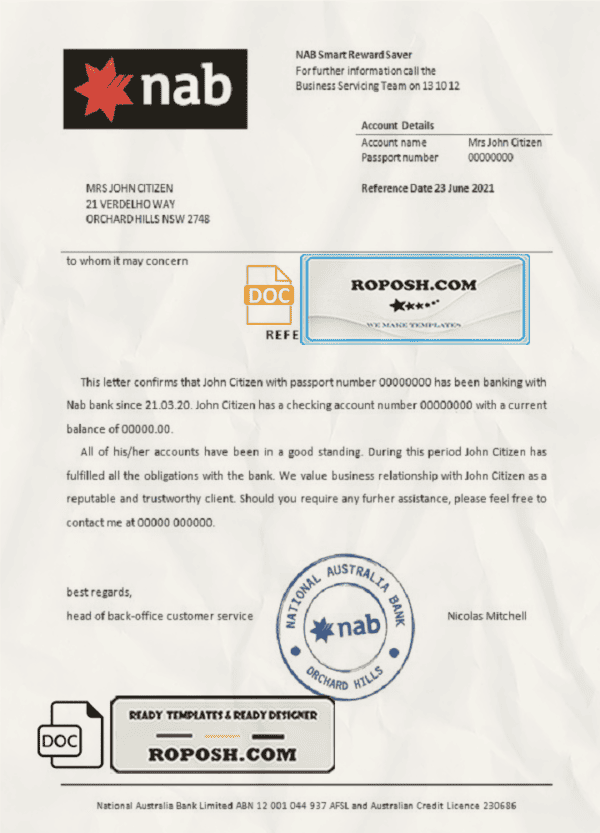 USA Nab bank account reference letter template in Word and PDF format