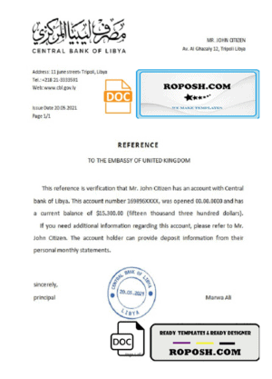 Libya Central Bank of Libya bank reference letter template in Word and PDF format
