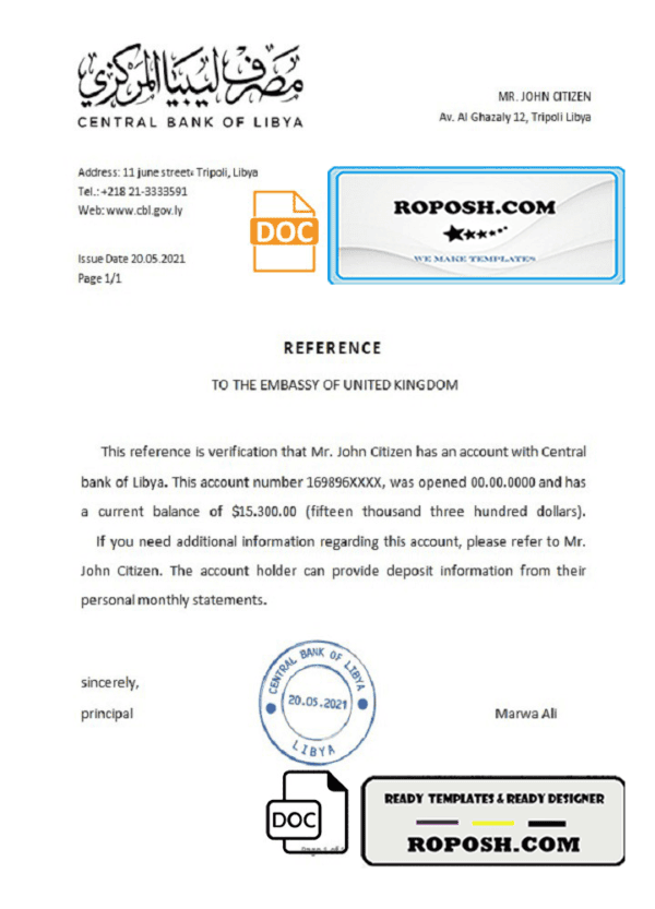 Libya Central Bank of Libya bank reference letter template in Word and PDF format
