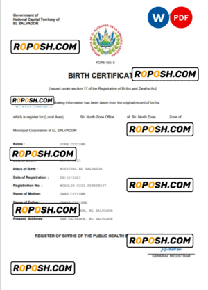 El Salvador vital record birth certificate Word and PDF template, completely editable