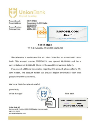 Liechtenstein Union Bank bank reference letter template in Word and PDF format
