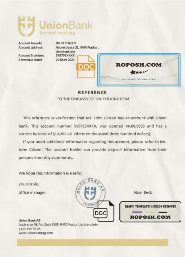 Liechtenstein Union Bank bank reference letter template in Word and PDF format