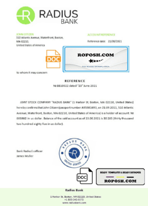 USA Radius bank account reference letter template in Word and PDF format