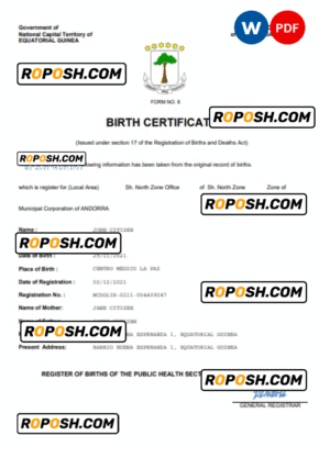 Equatorial Guinea birth certificate Word and PDF template, completely editable