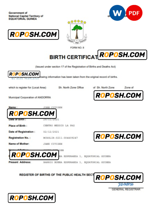 Equatorial Guinea birth certificate Word and PDF template, completely editable