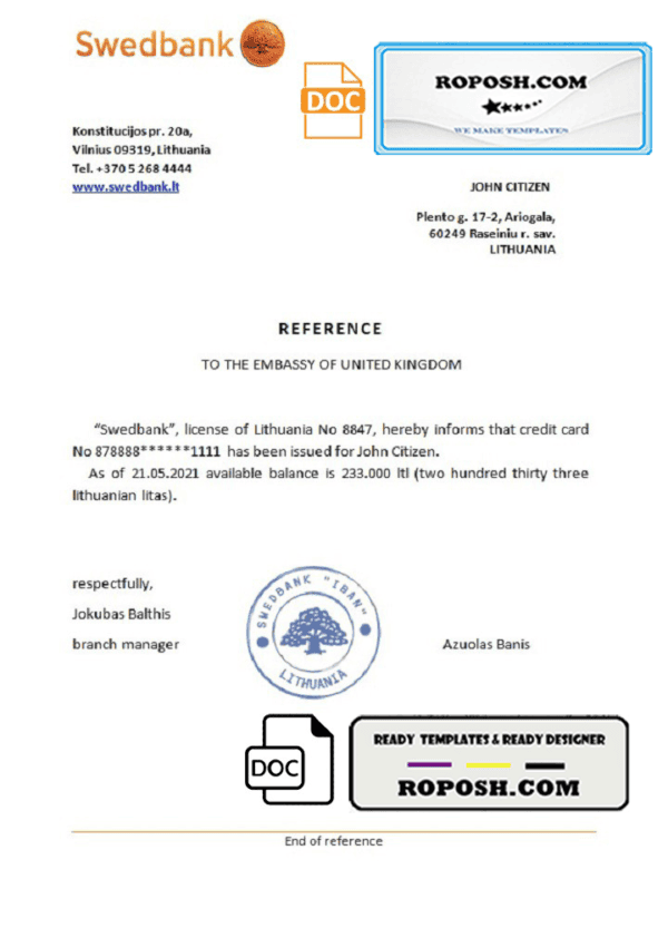 Lithuania Swedbank bank reference letter template in Word and PDF format