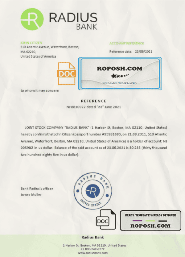 USA Radius bank account reference letter template in Word and PDF format