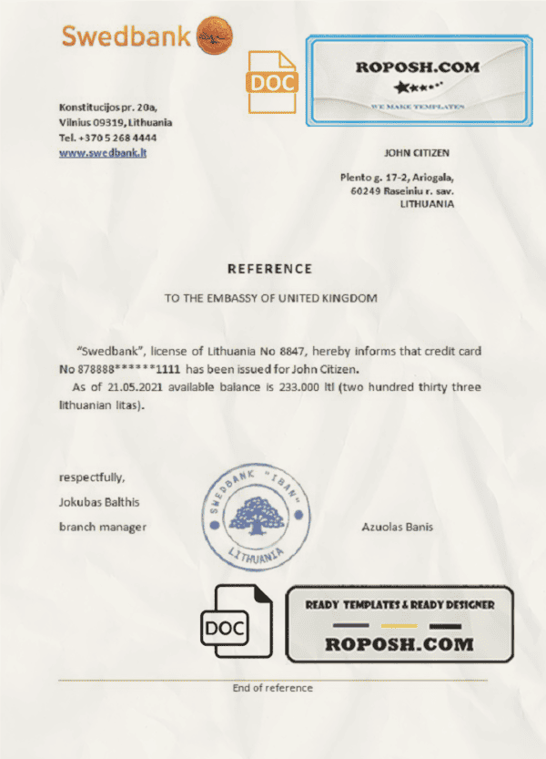 Lithuania Swedbank bank reference letter template in Word and PDF format