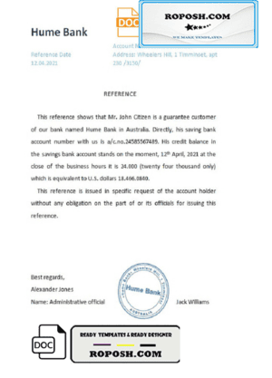 Australia Hume bank reference letter template in Word and PDF format