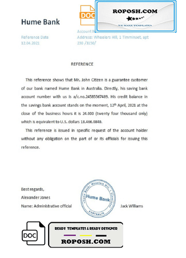 Australia Hume bank reference letter template in Word and PDF format