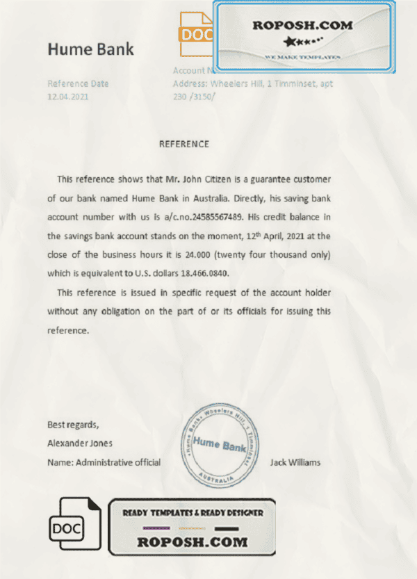 Australia Hume bank reference letter template in Word and PDF format
