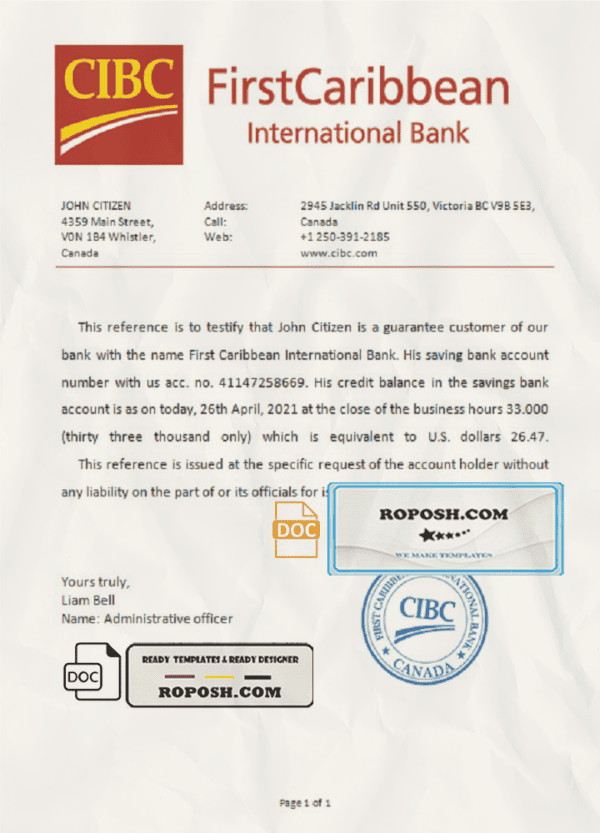 Canada CIBC Bank account reference letter template in Word and PDF format
