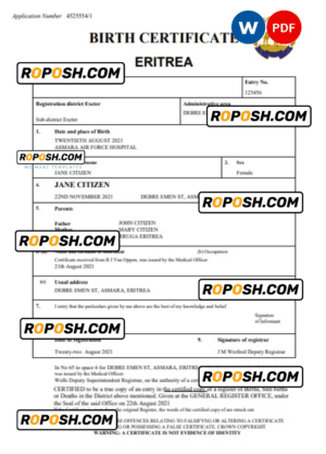 Eritrea vital record birth certificate Word and PDF template, completely editable