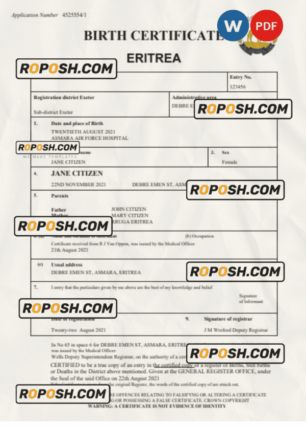 Eritrea vital record birth certificate Word and PDF template, completely editable