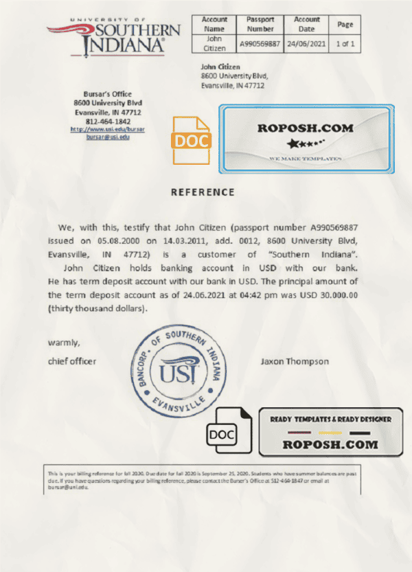 USA Southern Indiana bank account reference letter template in Word and PDF format