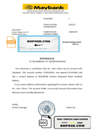 Malaysia Maybank bank reference letter template in Word and PDF format