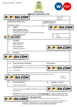 Estonia vital record birth certificate Word and PDF template, completely editable
