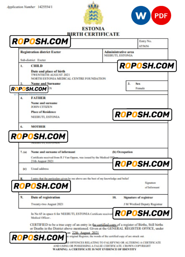 Estonia vital record birth certificate Word and PDF template, completely editable