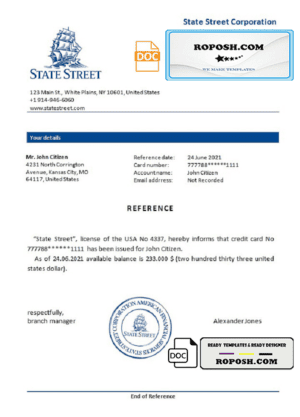 USA State Street bank account reference letter template in Word and PDF format