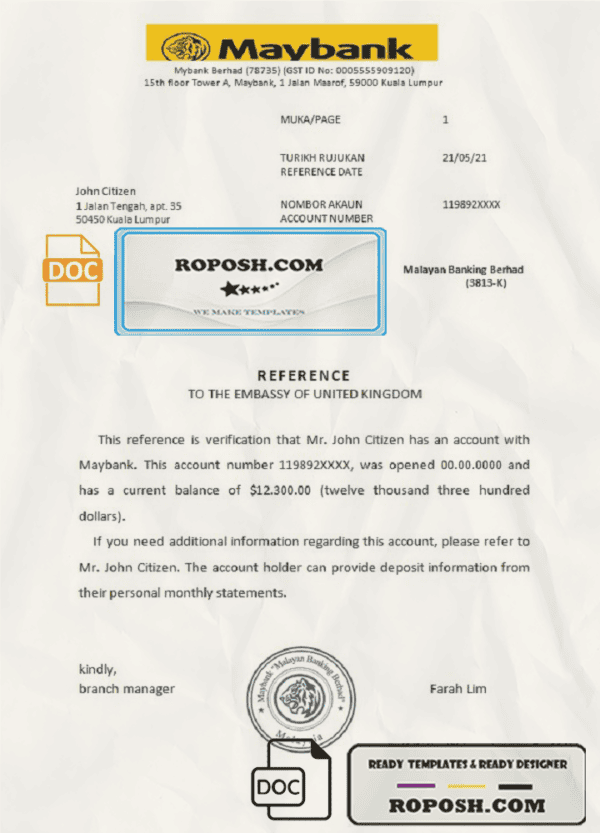 Malaysia Maybank bank reference letter template in Word and PDF format